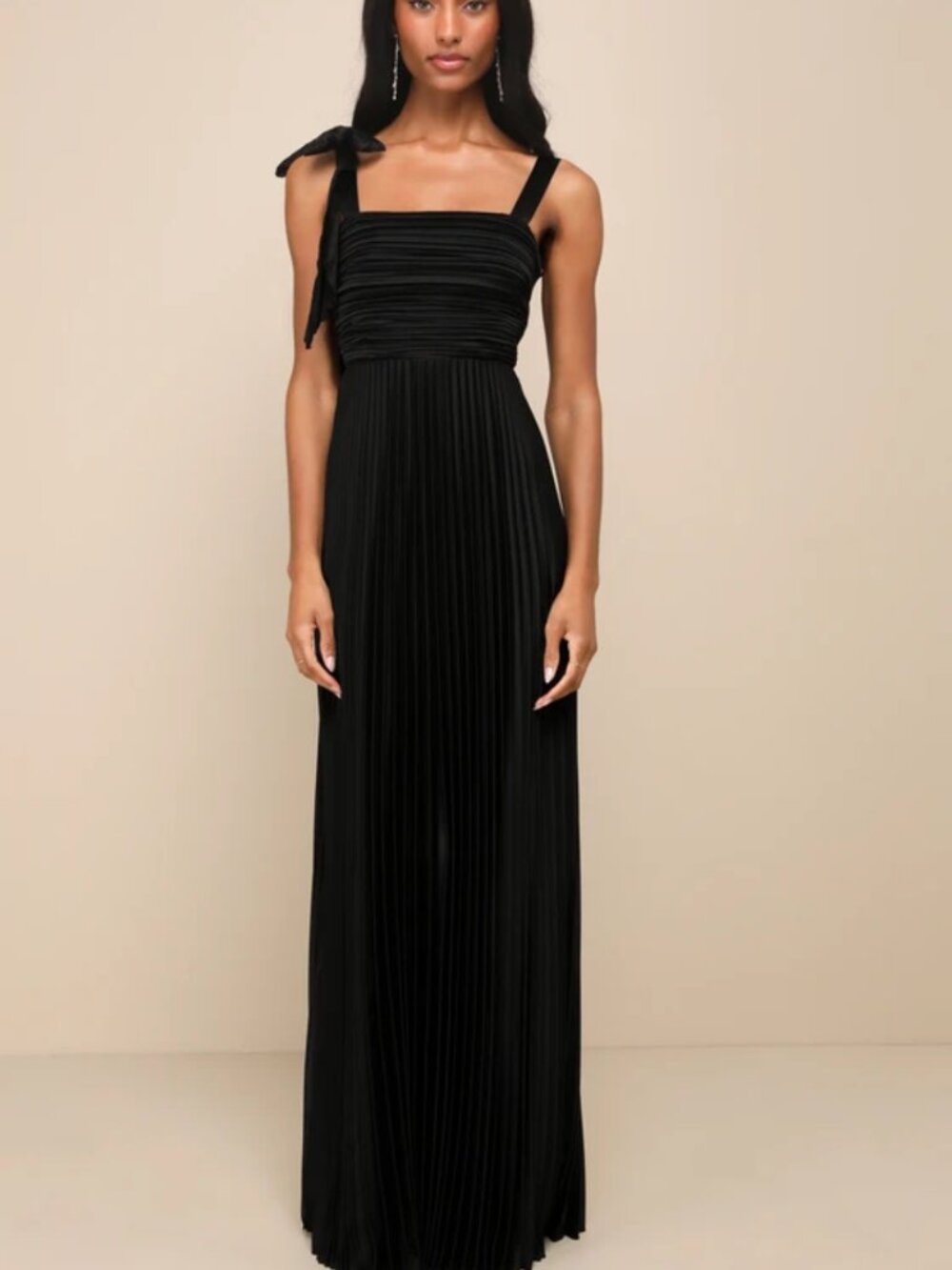 NWT Lulus Stunning Black Satin Pleated Bow Maxi Dress L